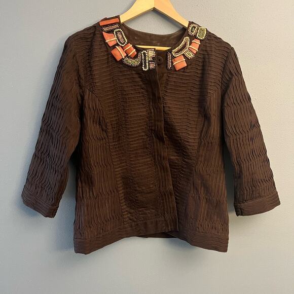 Chico’s Cotton Jacket with Beaded Collar - Picture 1 of 3